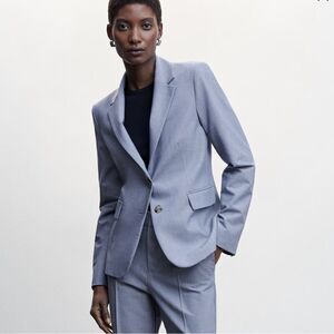 Mango Blue Peak Lapel Two Button Linen Blend Blazer | Size 4